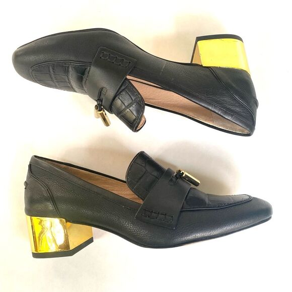 LOUISE ET CIE LANTON LEATHER LOAFER 6M BLACK W/ GOLD BLOCK HEEL 6 - Picture 3 of 10